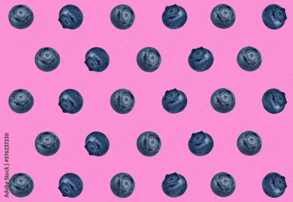 Many fresh blueberries on pink background. Pattern design Many fresh blueberries on pink background. Pattern design