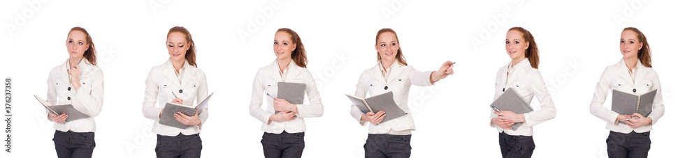 Red hair girl holding paper isolated on white Red hair girl holding paper isolated on white