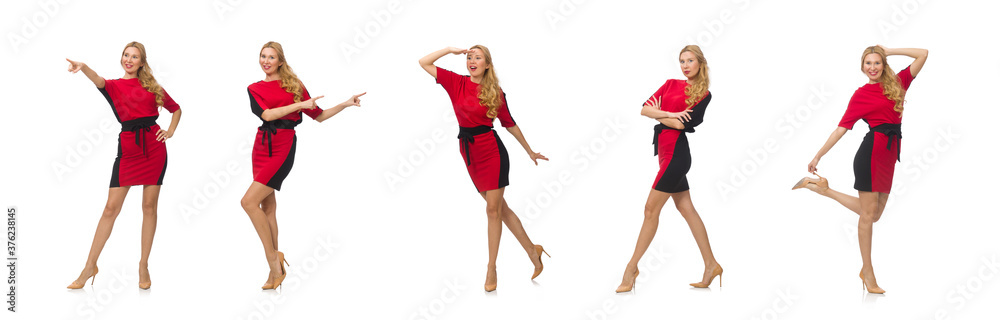 Beautiful lady in red black dress isolated on white