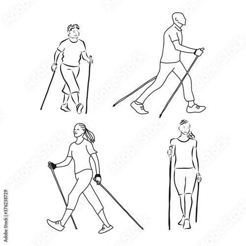 Continuous line drawing. A young woman walks on foot with walking sticks. Nordic walking, vector sketch illustration