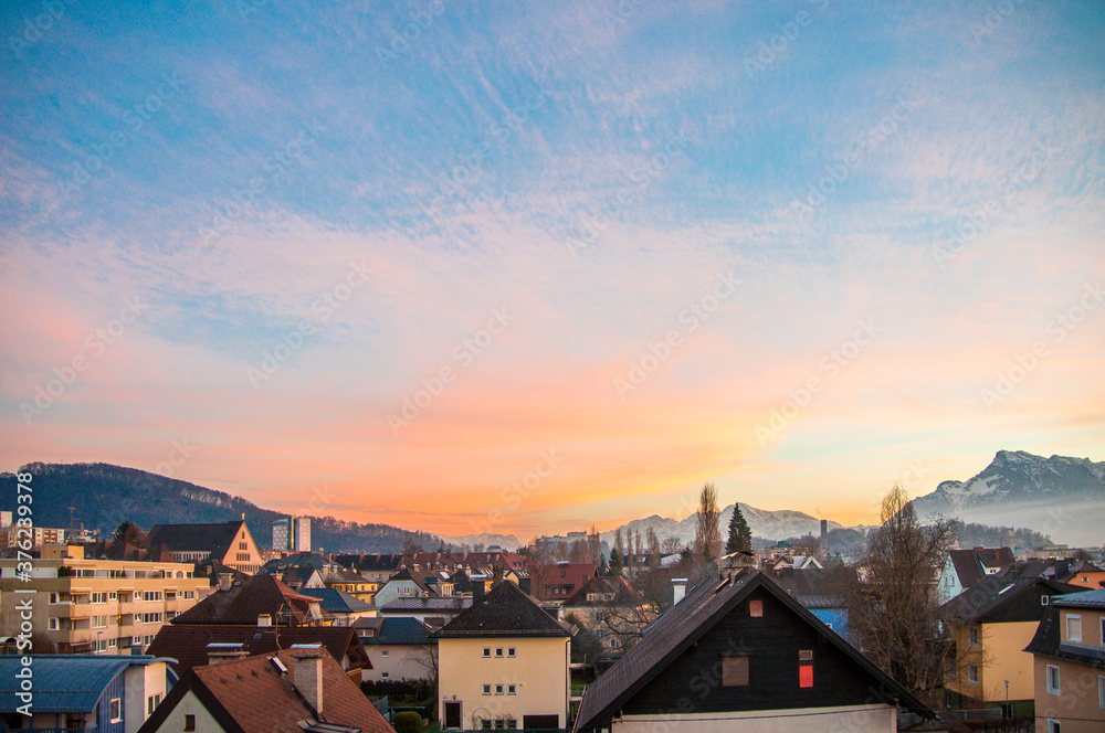 sunset panorama of the old town of salzburg