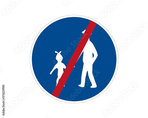 End command road sign. Pedestrian path, footpath, road sign, vector icon. Blue circle button. White silhouette of people.