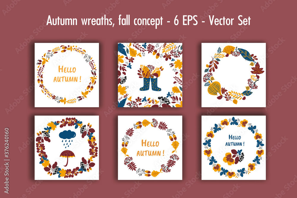 Autumn wreaths, fall concept vector set. Collection of hand drawn autumn elements for design