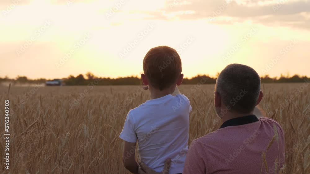 Happy family in a wheat field at sunset. Father and son look at the harvester during harvesting. Agricultural industry. Agribusiness. Teamwork Happy family in a wheat field at sunset. Father and son look at the harvester during harvesting. Agricultural industry. Agribusiness. Teamwork