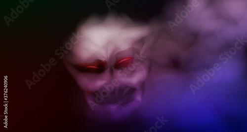 Mystical smoke with the face of an evil spirit. Steam or fog in the form of a skull. Smoke monster. Vector stock illustration. Purple and neon steam. Copy space.