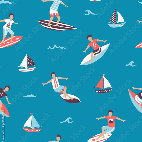 Surfers on surfboards sea seamless pattern on blue background