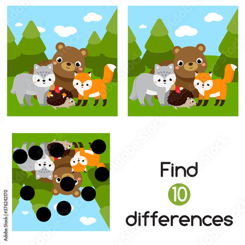 Find the differences educational children game. Kids activity with cartoon forest animals