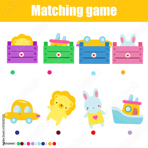 Educational game for children, kids activity. Match toys with boxes. logic game for pre school