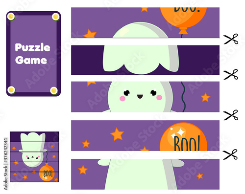 flying ghost. Educational Puzzle for toddlers. Match pieces and complete the picture. Halloween game for children