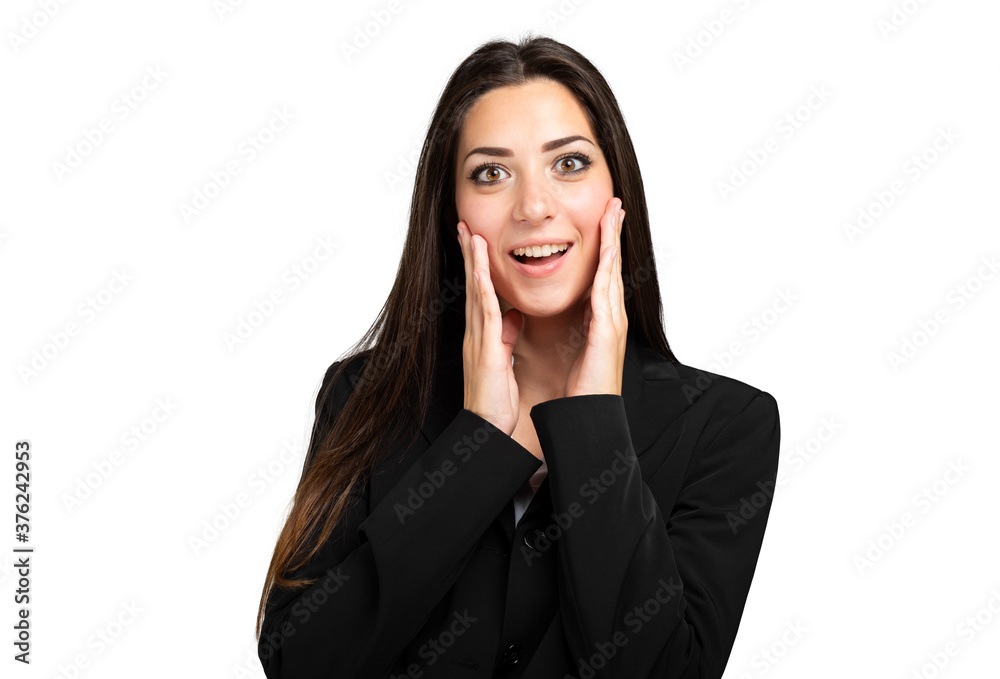 A beautiful young surprised woman. Isolated over white.