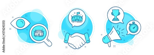 Arena, Award cup and Arena stadium line icons set. Handshake deal, research and promotion complex icons. Timer sign. Sport stadium, Trophy, Sport complex. Stopwatch gadget. Sports set. Vector