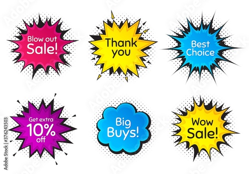 Wow sale, 10% discount and best choice. Comic speech bubble. Thank you, hi and yeah phrases. Sale shopping text. Chat messages with phrases. Colorful texting comic speech bubble. Vector