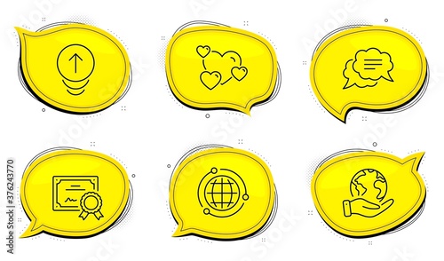 Text message sign. Diploma certificate, save planet chat bubbles. Swipe up, Heart and Globe line icons set. Scrolling page, Love rating, Internet world. Chat bubble. Business set. Vector