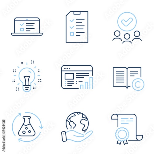 Interview, Web report and Chemistry experiment line icons set. Diploma certificate, save planet, group of people. Web lectures, Idea and Copyright signs. Vector