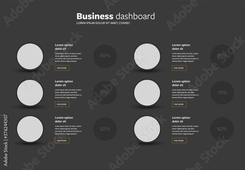 Business infographic dashboard layout on the dark background, clean and modern template