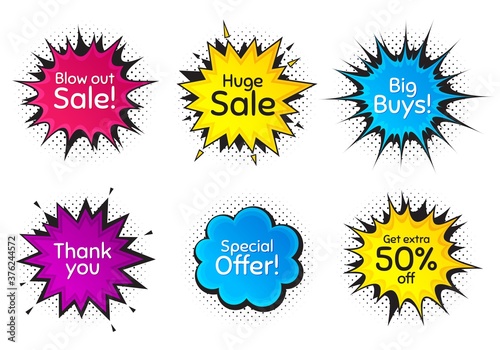 Huge sale, 50% discount and special offer. Comic speech bubble. Thank you, hi and yeah phrases. Sale shopping text. Chat messages with phrases. Colorful texting comic speech bubble. Vector