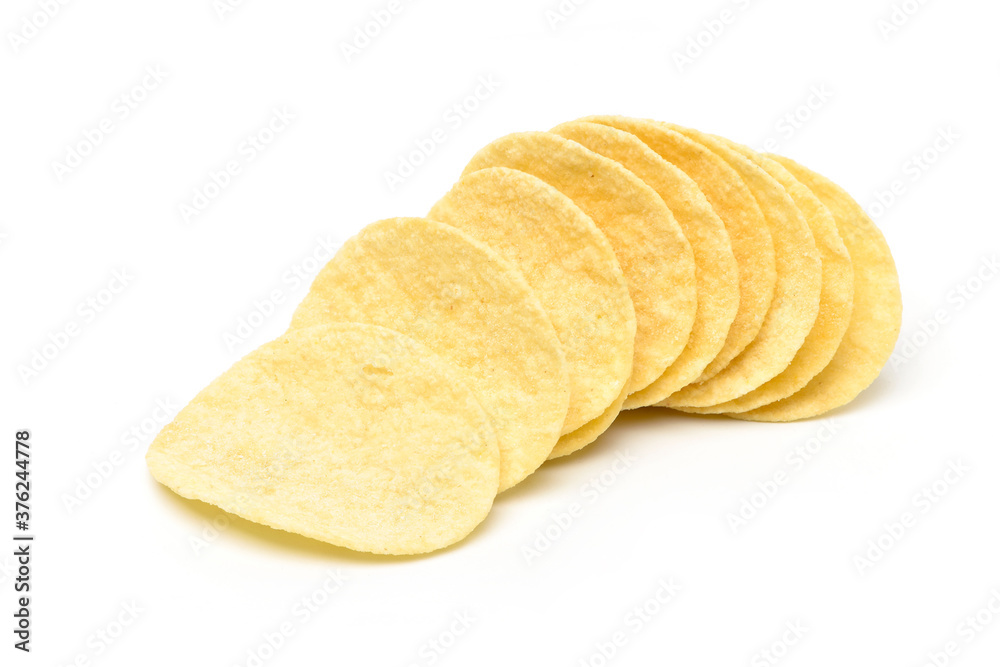 Row of Crispy potato chips snack flat cut isolated on white background. Row of Crispy potato chips snack flat cut isolated on white background.
