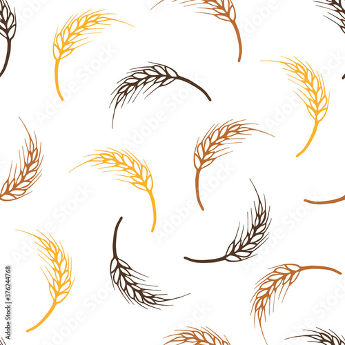 Simple vector seamless pattern. Gold, brown spikelet of wheat on a white background. Seasonal farm grain harvest. Organic crop production. For prints of textiles, fabrics, packaging, flour, bread.