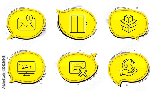 Lift sign. Diploma certificate, save planet chat bubbles. 24h service, Packing boxes and New mail line icons set. Call support, Delivery package, Add e-mail. Elevator. Technology set. Vector