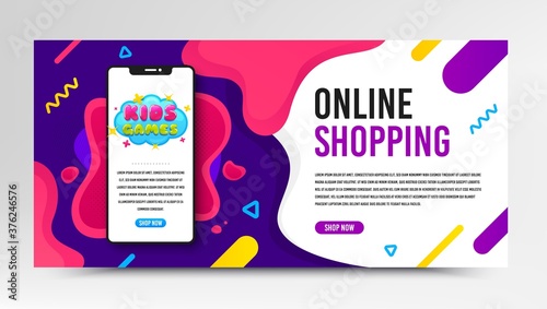 Kids games icon. Phone screen mockup fluid banner. Fun playing zone banner. Children games party area icon. Social media banner with smartphone screen. Shopping mockup web template. Vector
