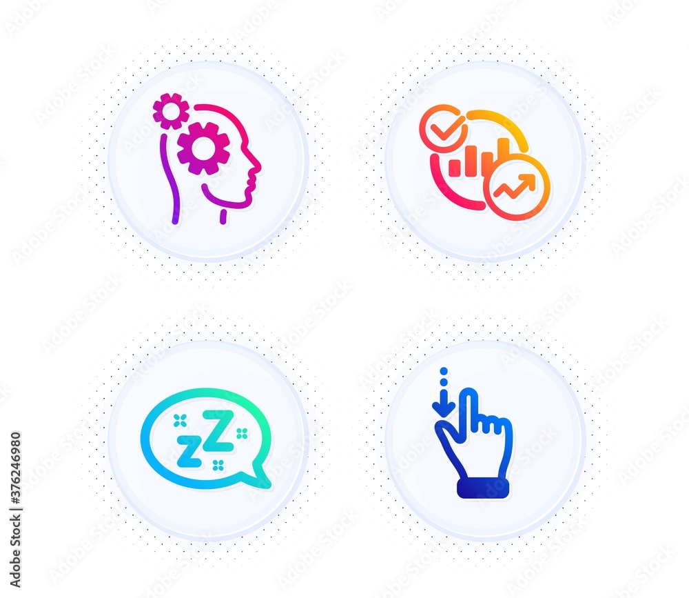 Statistics, Thoughts and Sleep icons simple set. Button with halftone dots. Touchscreen gesture sign. Report charts, Business work, Zzz bubble. Slide down. Business set. Vector