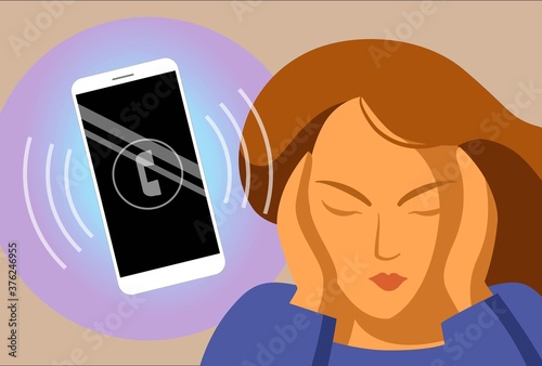 Woman with a phone. Modern life with a smartphone. Distract from work. Annoying calls