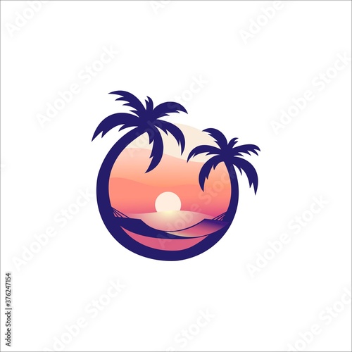 Palm Beach Logo Template, Vector Illustration EPS10. Travel, Turism, Sunset.