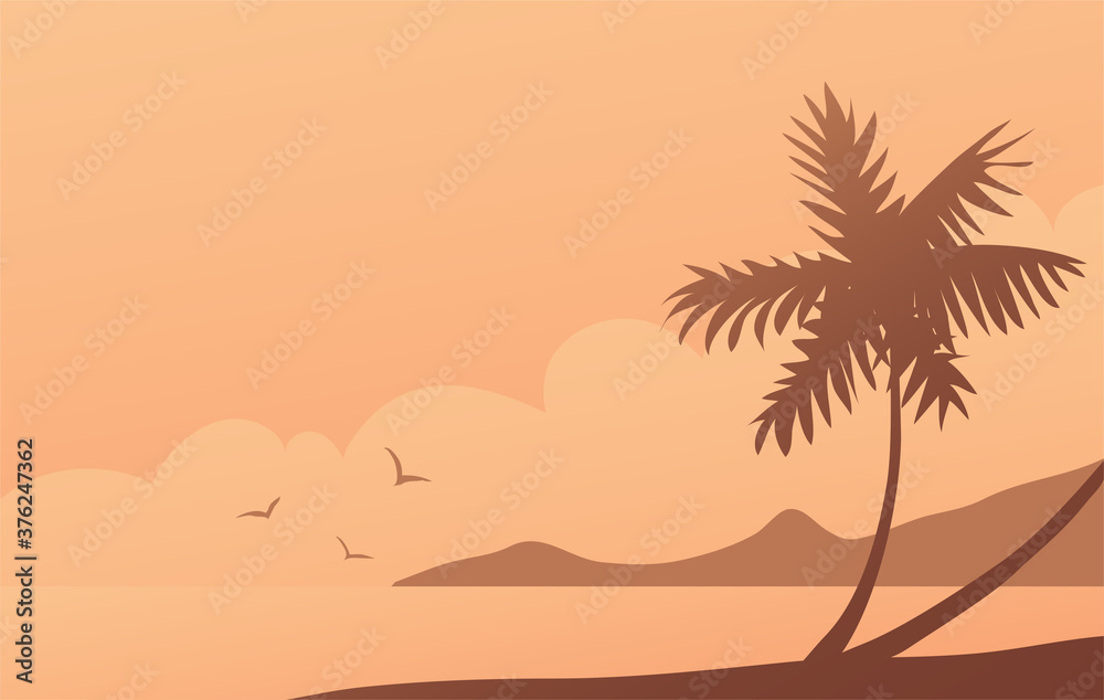 Seashore with tropical palm silhouette. Beautiful evening landscape on the beach. Banner with place for text. Vector illustration.