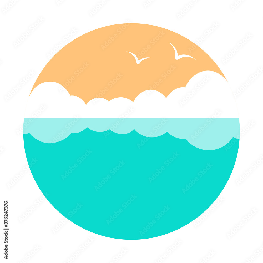 Sea with seagulls and clouds. Vector round illustration in flat style.