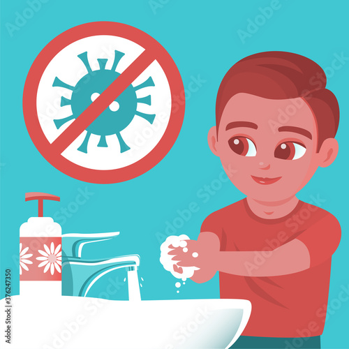 The boy washes her hands in the sink. Pandemic COVID-19. On the face a protective mask. Vector illustration about hygiene and infection prevention.