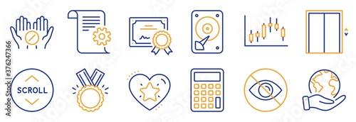 Set of Business icons, such as Lift, Calculator. Certificate, save planet. Medical tablet, Not looking, Hdd. Technical documentation, Candlestick graph, Ranking star. Vector