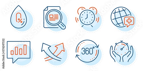 World medicine, Timer and Intersection arrows signs. Check article, Full rotation and Time management line icons set. Analytical chat, No alcohol symbols. Magnifying glass, 360 degree. Vector