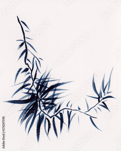 Watercolor painting of chlorophytum stem with leaves in Chinese ink style. Oriental picture of home plant in sumie-e ink style.  Illustration concept for decoration  relaxation  meditation  background