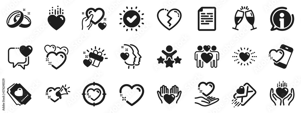 Gift box, Broken heart and Romantic letter. Love icons. Wedding rings, glasses with champagne, love heart icons. Happy couple, heart holding, romantic loudspeaker. Approved check, document. Vector Gift box, Broken heart and Romantic letter. Love icons. Wedding rings, glasses with champagne, love heart icons. Happy couple, heart holding, romantic loudspeaker. Approved check, document. Vector