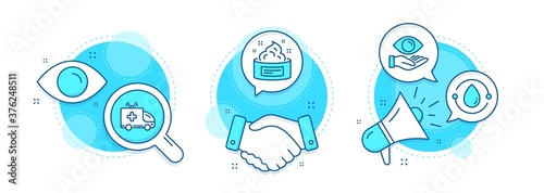 Cold-pressed oil, Skin cream and Ambulance car line icons set. Handshake deal, research and promotion complex icons. Health eye sign. Organic tested, Medical cosmetic, Emergency transport. Vector
