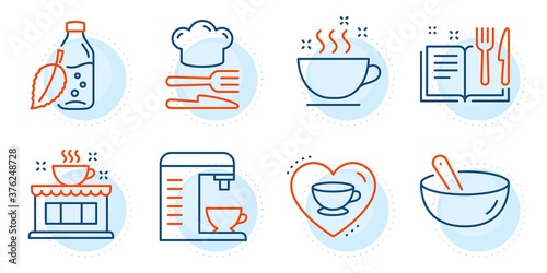 Coffee cup, Coffee shop and Food signs. Recipe book, Cooking mix and Water bottle line icons set. Food, Bowl. Food and drink set. Outline icons set. Ð¡ircle with dashed line. Vector