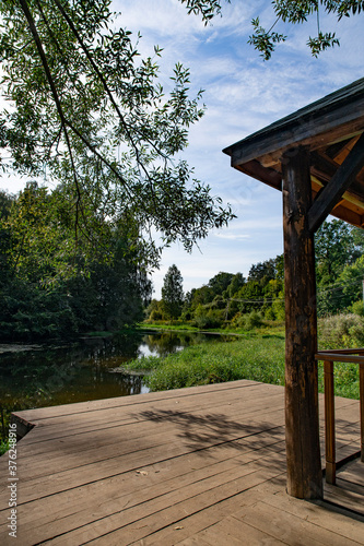 Wooden pier by the river in the village