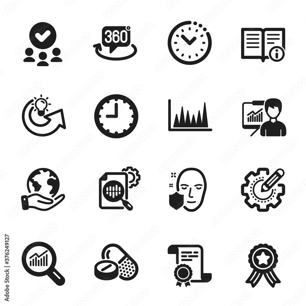 Set of Science icons, such as Technical info, Line graph. Certificate, approved group, save planet. Time management, Seo stats, Time. Medical drugs, 360 degree, Settings gear. Vector Set of Science icons, such as Technical info, Line graph. Certificate, approved group, save planet. Time management, Seo stats, Time. Medical drugs, 360 degree, Settings gear. Vector