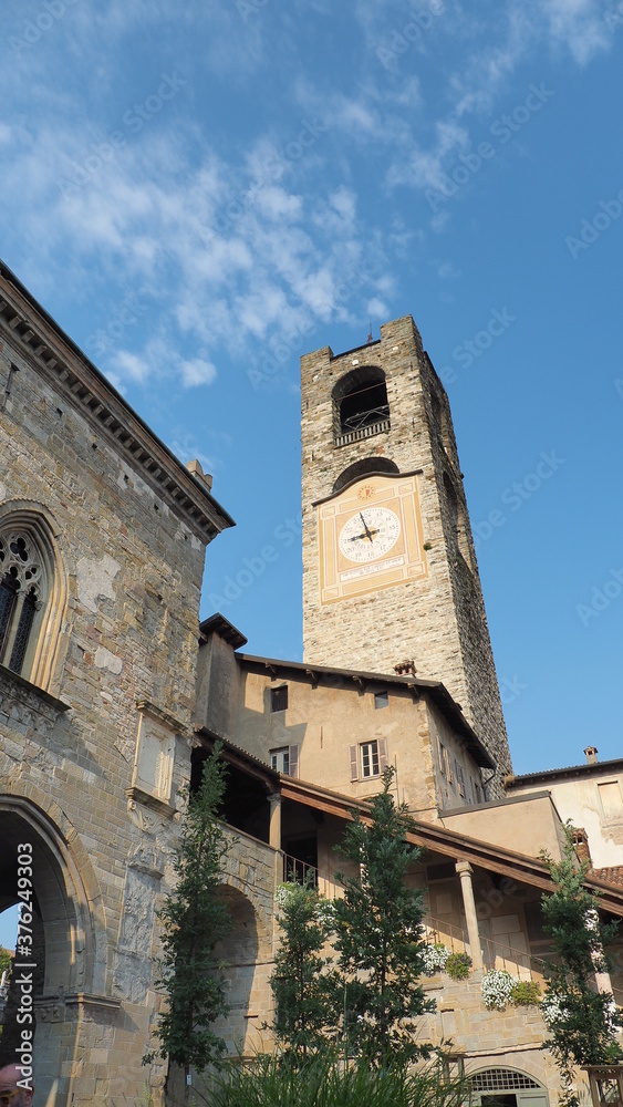Bergamo, Italy. The old town. Landscape at the clock tower called Il Campanone. It is located in the main square of the upper town. Bergamo one of the most beautiful in Italy