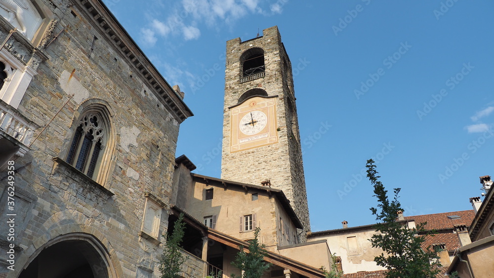 Bergamo, Italy. The old town. Landscape at the clock tower called Il Campanone. It is located in the main square of the upper town. Bergamo one of the most beautiful in Italy