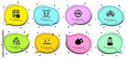 Eye target, Clean skin and Uv protection signs. Chat bubbles with quotes. Organic tested, Face detection and Medical tablet line icons set. Blood donation, Hospital nurse symbols. Vector