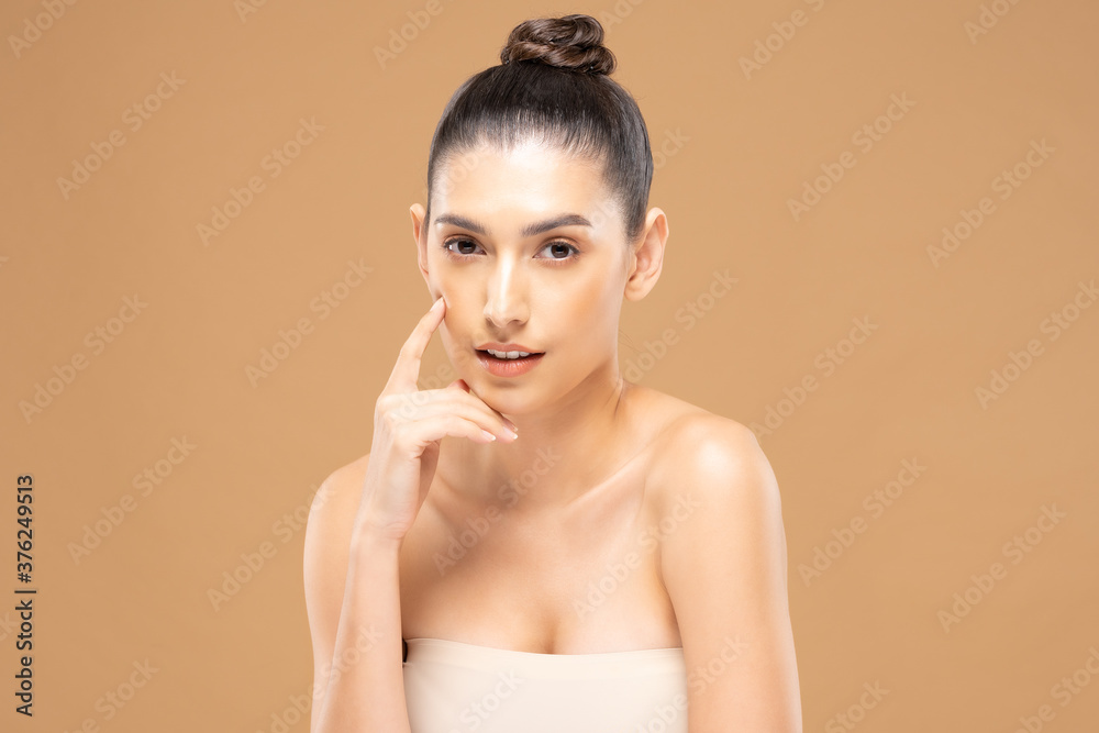 Beautiful Glamour woman touching cheek smile with clean and fresh skin Happiness and cheerful with positive emotional,isolated on Beige background,Beauty Cosmetics and spa Facial treatment Concept Beautiful Glamour woman touching cheek smile with clean and fresh skin Happiness and cheerful with positive emotional,isolated on Beige background,Beauty Cosmetics and spa Facial treatment Concept