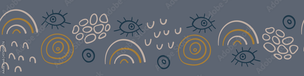 Seamless horizontal border with abstract hand drawn shapes on dark gray background. Vector illustration. Seamless horizontal border with abstract hand drawn shapes on dark gray background. Vector illustration.