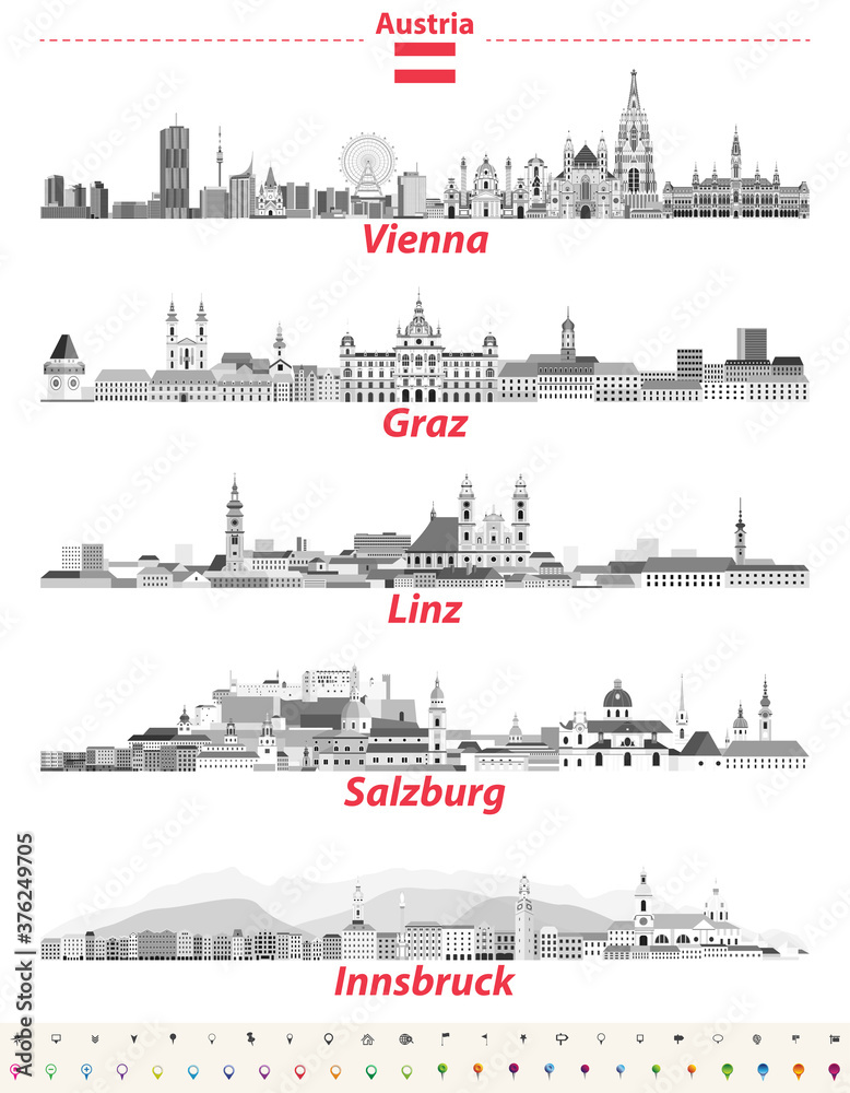 Austria cities panoramic cityscapes vector illustrations in black and white color palette