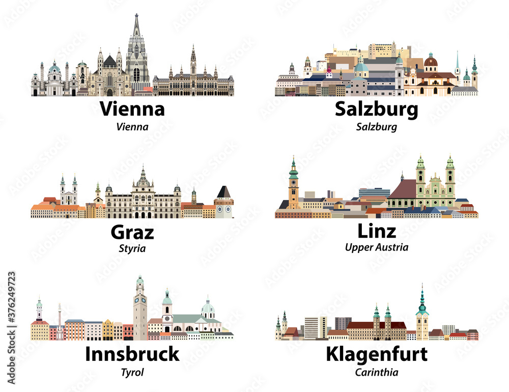 Austria main cities skylines vector illustrations