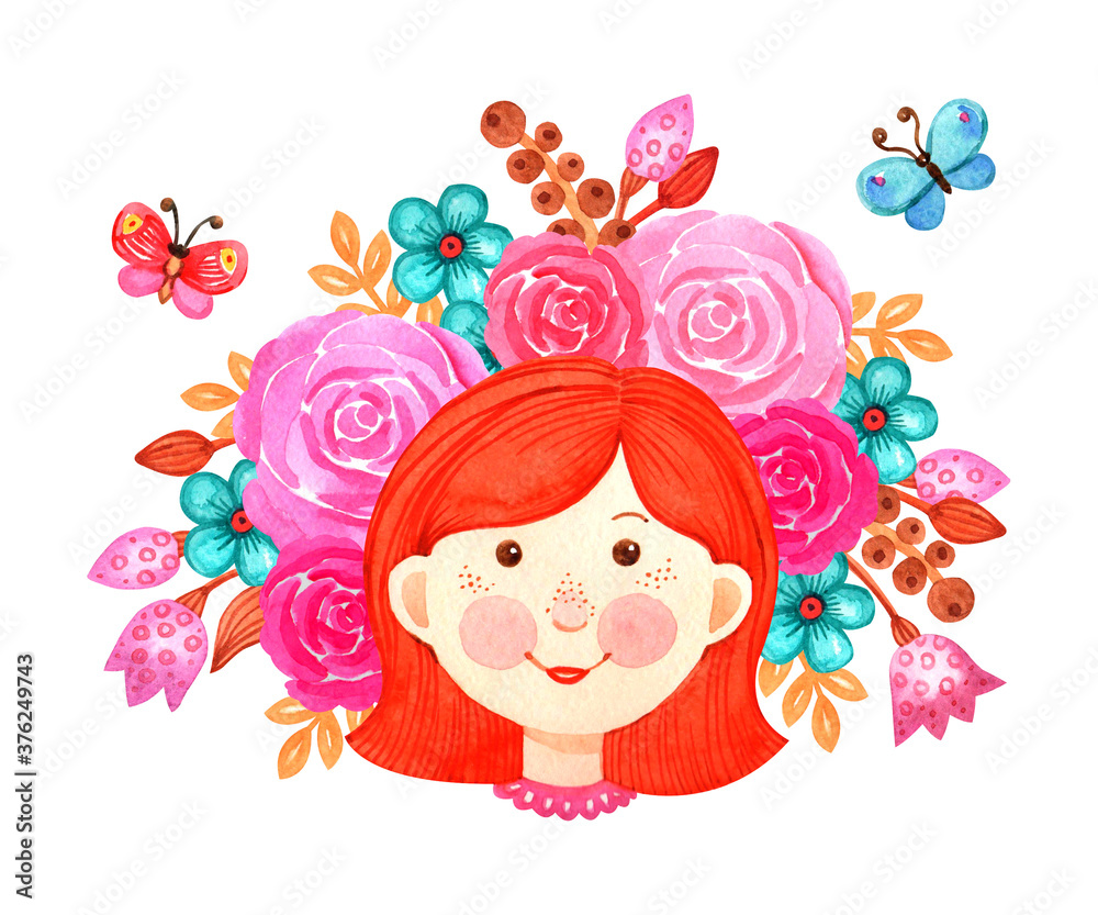 Watercolor cute girl face. Princess, pink flowers, candy. Hand drawn cartoon character. Kids party card, template, background, illustration Watercolor cute girl face. Princess, pink flowers, candy. Hand drawn cartoon character. Kids party card, template, background, illustration