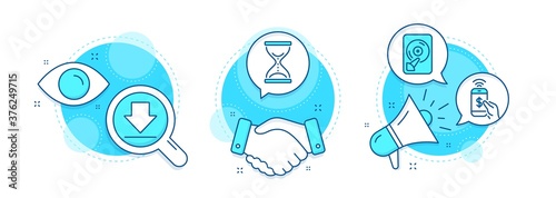 Phone payment, Downloading and Time hourglass line icons set. Handshake deal, research and promotion complex icons. Hdd sign. Mobile pay, Load information, Sand watch. Memory disk. Vector
