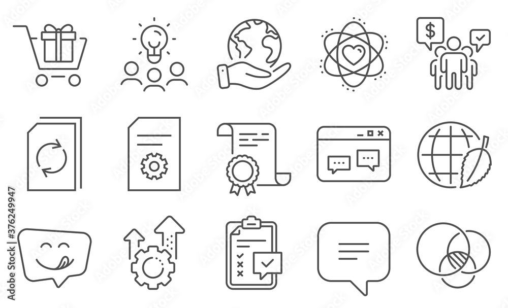 Set of Technology icons, such as Browser window, File settings. Diploma, ideas, save planet. Text message, Teamwork, Shopping cart. Seo gear, Euler diagram, Update document. Vector Set of Technology icons, such as Browser window, File settings. Diploma, ideas, save planet. Text message, Teamwork, Shopping cart. Seo gear, Euler diagram, Update document. Vector