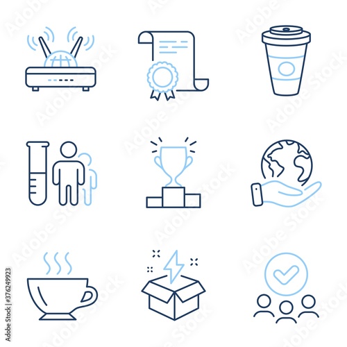 Takeaway coffee, Creative idea and Medical analyzes line icons set. Diploma certificate, save planet, group of people. Coffee, Wifi and Winner podium signs. Vector