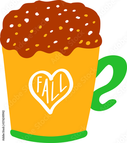 Frappe coffee in yellow ceramic mug with heart. Hand drawn Love fall lettering. Hot drink with cream and foam. Autumn vector illustration. 
